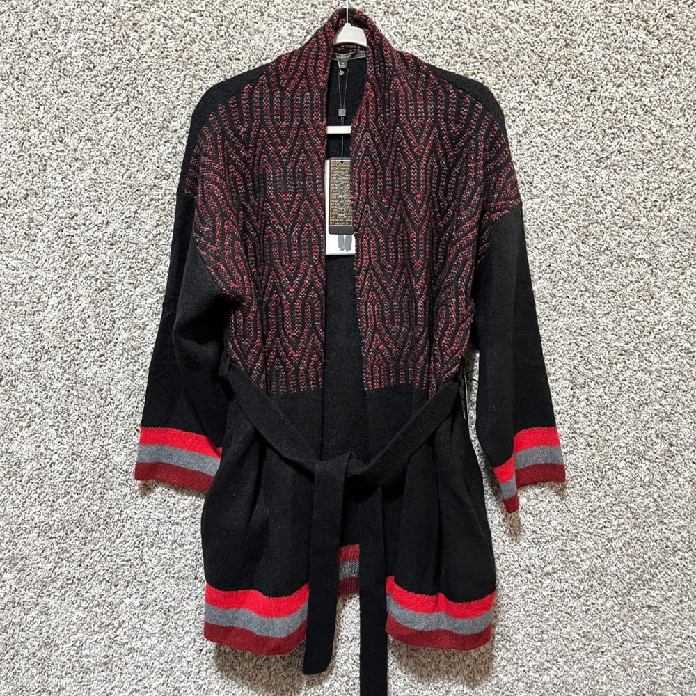 Max Sport Cardigan Sweater Women's M Black/Red Chevron Belted Thick Knit NWT
